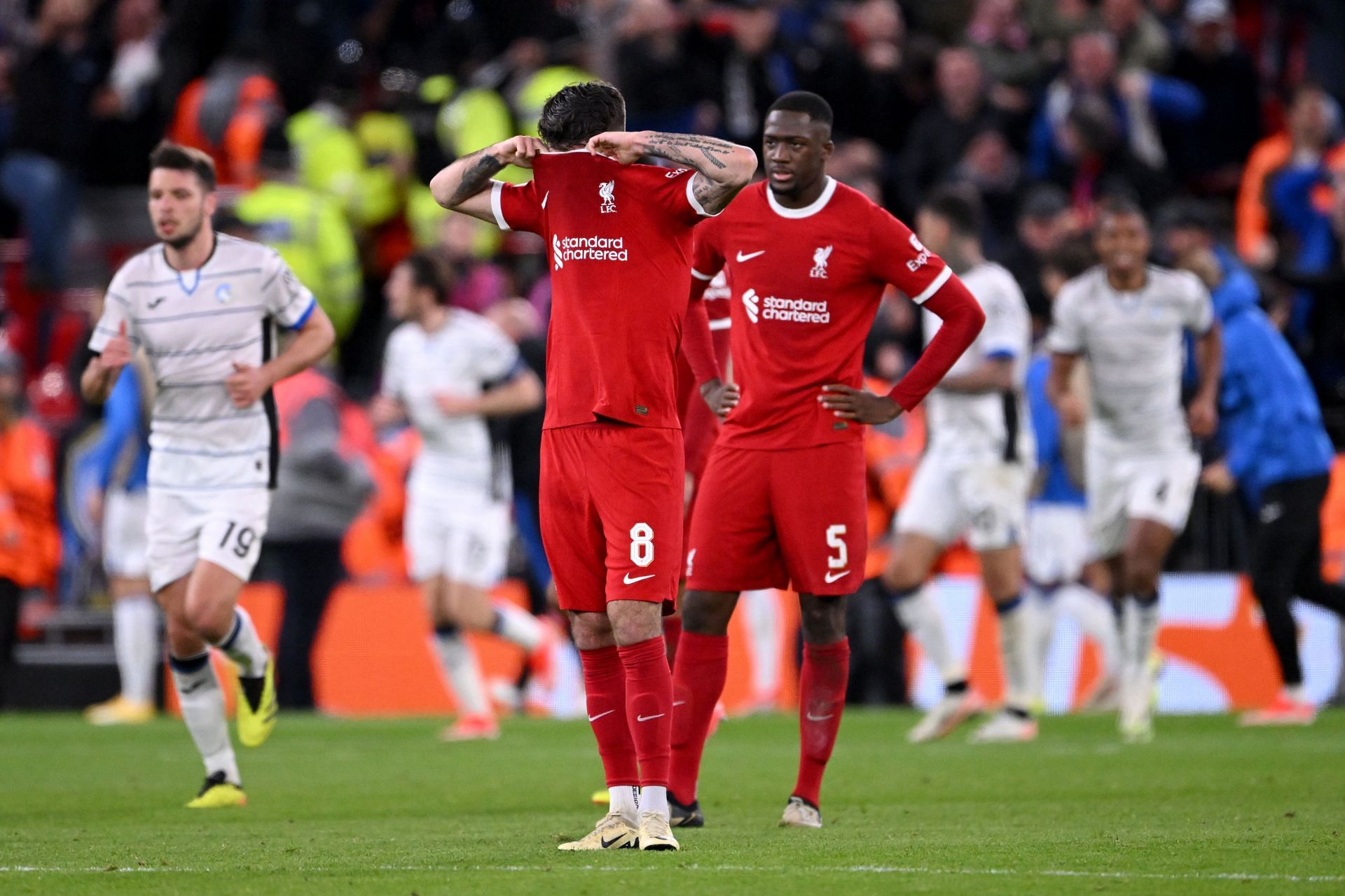 Szoboszlai and Konate react after Liverpool concede a third against Atalanta.