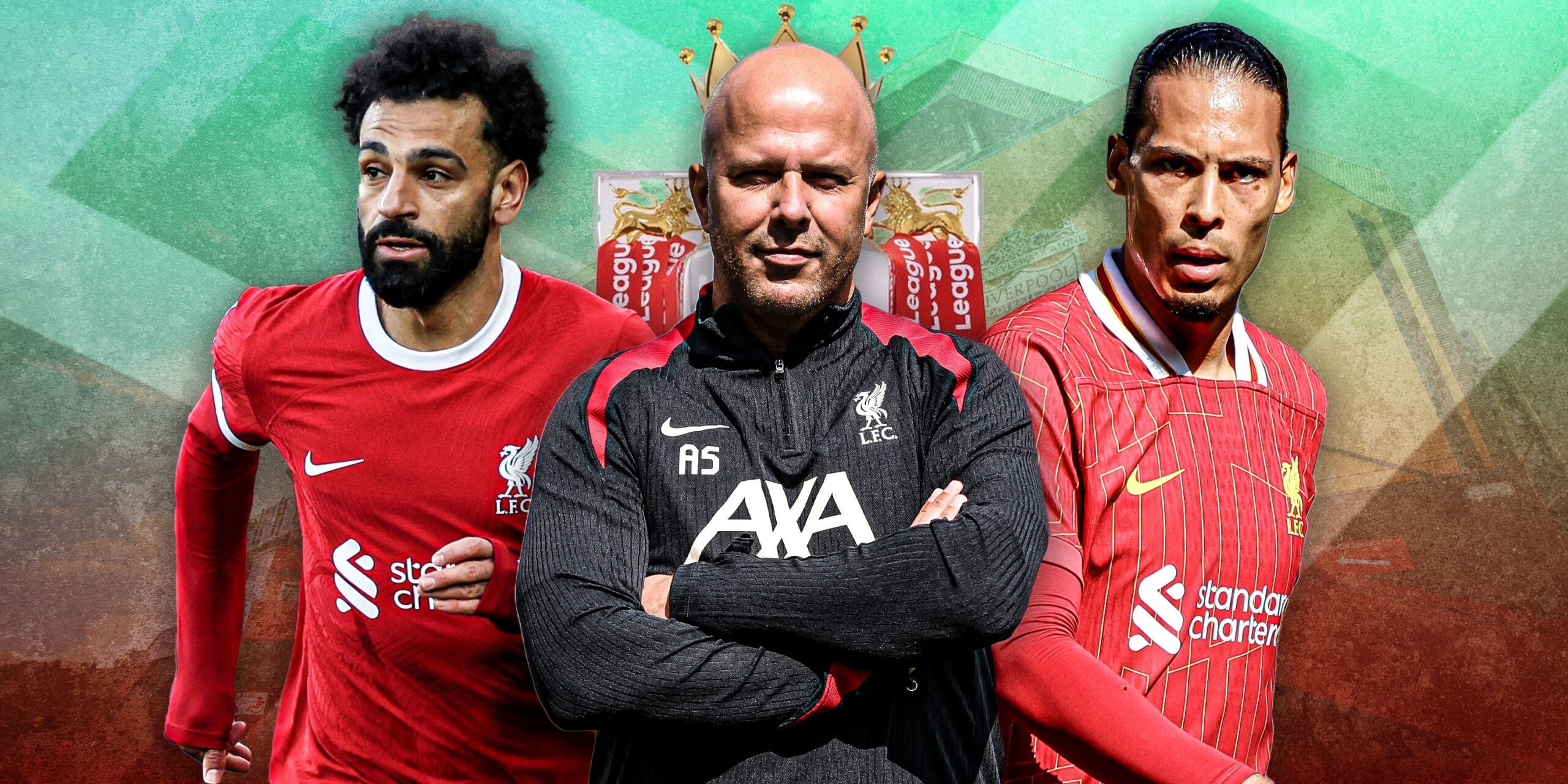 Mohamed Salah, Arne Slot and Virgil van Dijk